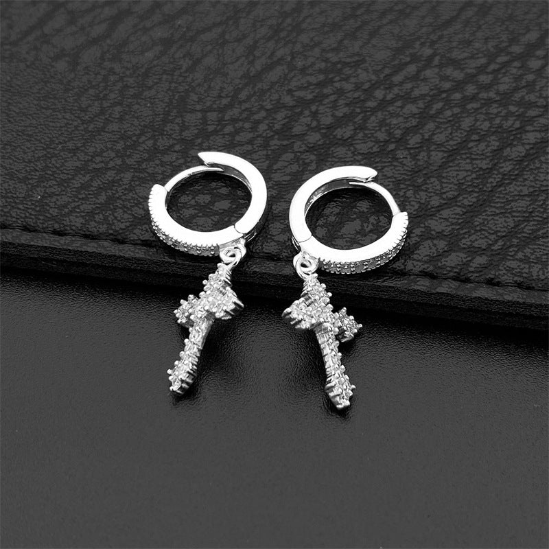 Drop Cross Hoop Earrings 925 Silver + Moissanite