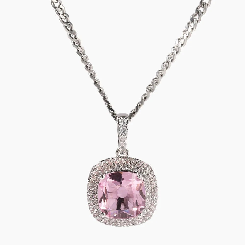 Iced Pink Gem Pendant White Gold