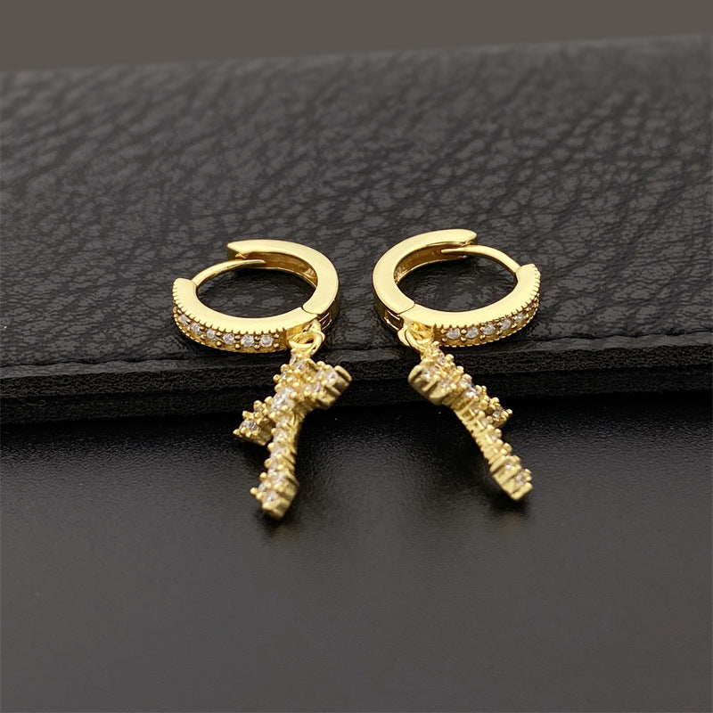 Drop Cross Hoop Earrings 18k Gold Vermeil + Moissanite