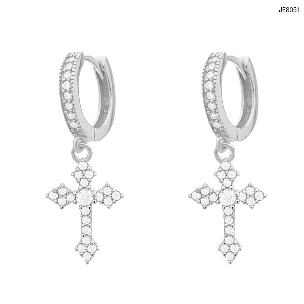 Drop Cross Hoop Earrings 925 Silver + Moissanite