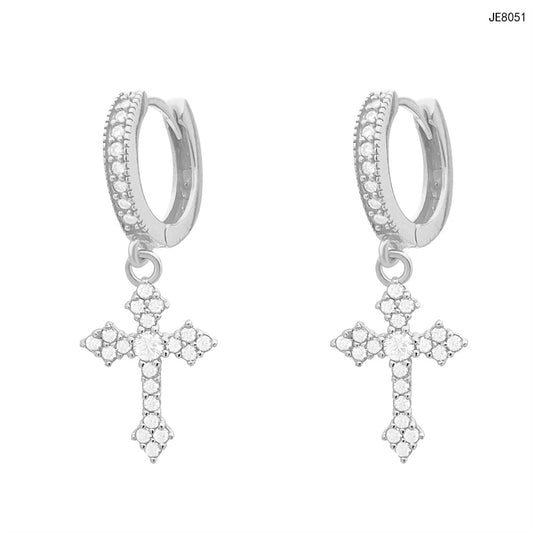 Drop Cross Hoop Earrings 925 Silver + Moissanite