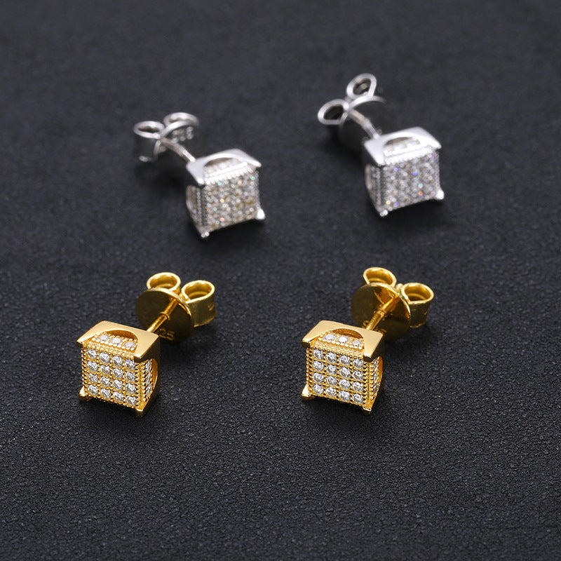 7mm Pave Square Stud Earrings 18k Gold Vermeil + Moissanite