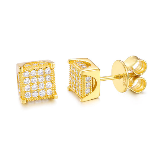 7mm Pave Square Stud Earrings 18k Gold Vermeil + Moissanite