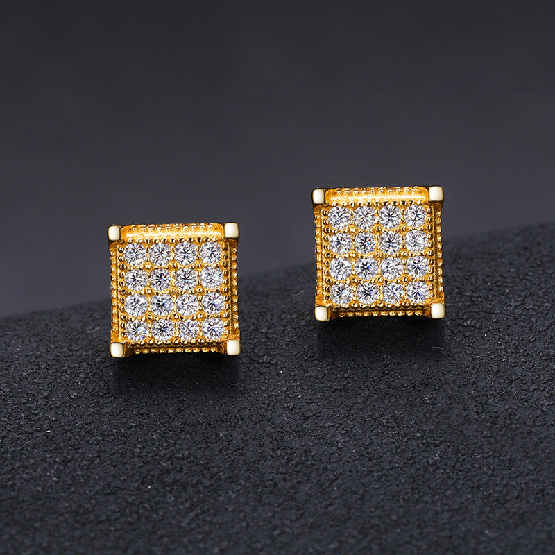 7mm Pave Square Stud Earrings 18k Gold Vermeil + Moissanite