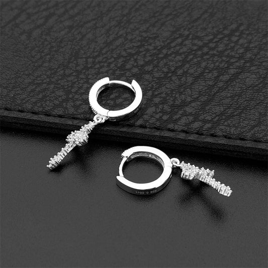 Drop Cross Hoop Earrings 925 Silver + Moissanite